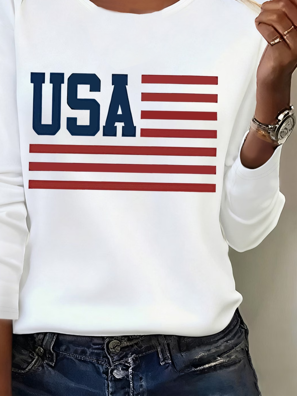 Women's Long Sleeve T-shirt Spring/Fall White America Flag Printing Jersey Crew Neck Daily Going Out Casual Top