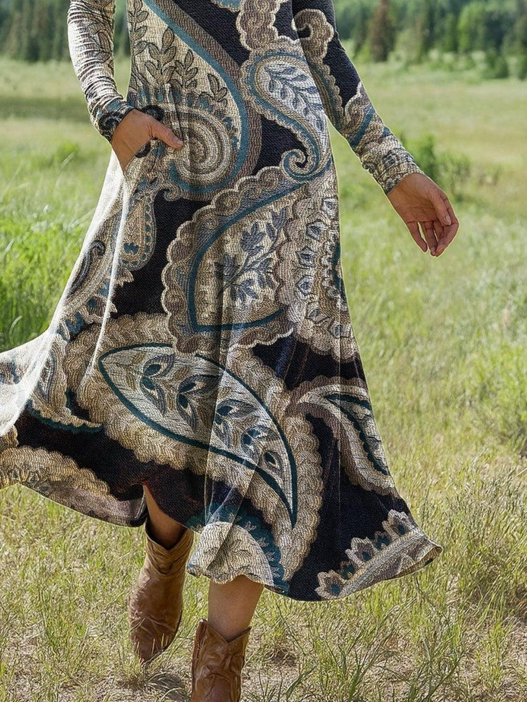 Boho Paisley Crew Neck Loose Dress With No