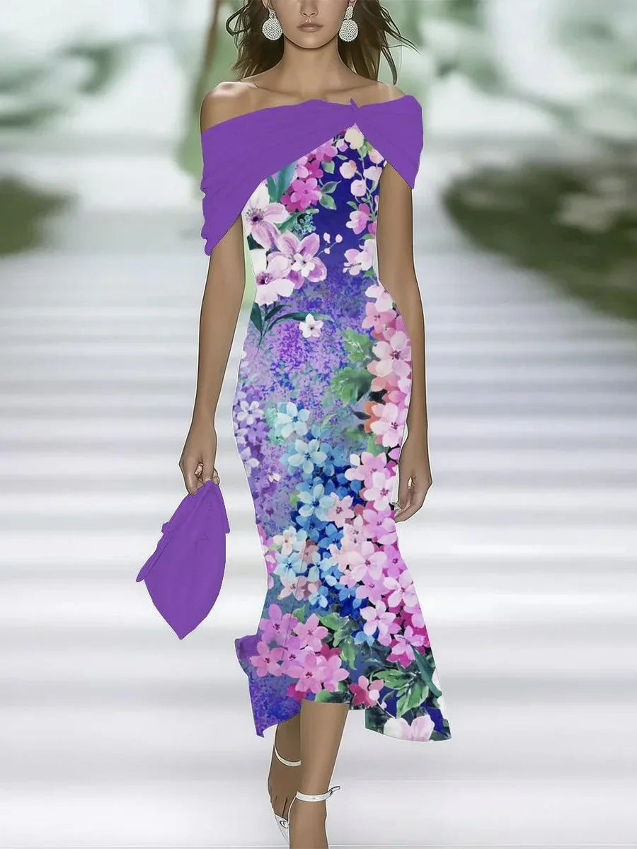 Women's Cap Sleeve Summer Purple Floral Printing Cold Shoulder Daily Going Out Vintage Maxi H-Line Dress