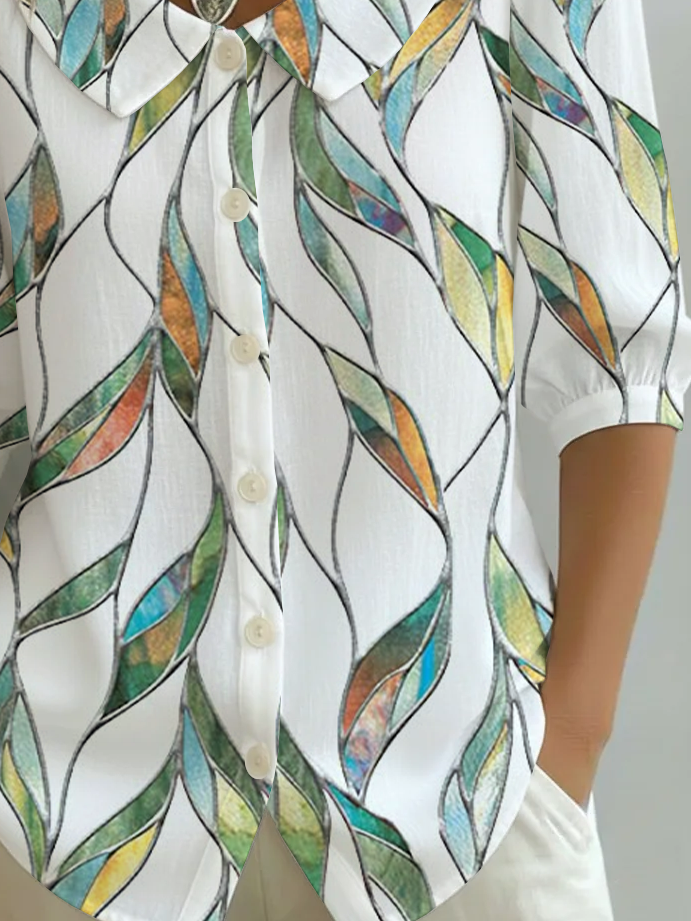 Women's Half Sleeve Shirt Summer White Abstract Printing Shawl Collar Daily Going Out Casual Top