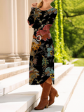 Women's Long Sleeve Spring/Fall Black Floral Crew Neck Daily Going Out Casual Midi A-Line T-Shirt Dress Dress