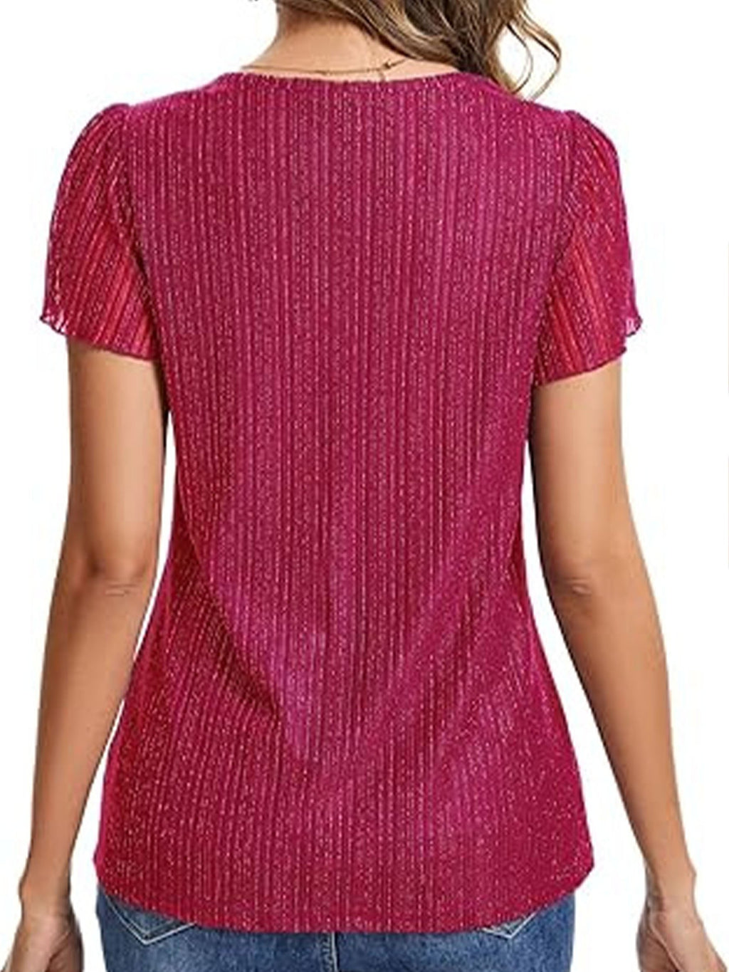 Women's Glitter V Neck Short Sleeve Top Summer Going Out Party Elegant T-Shirt