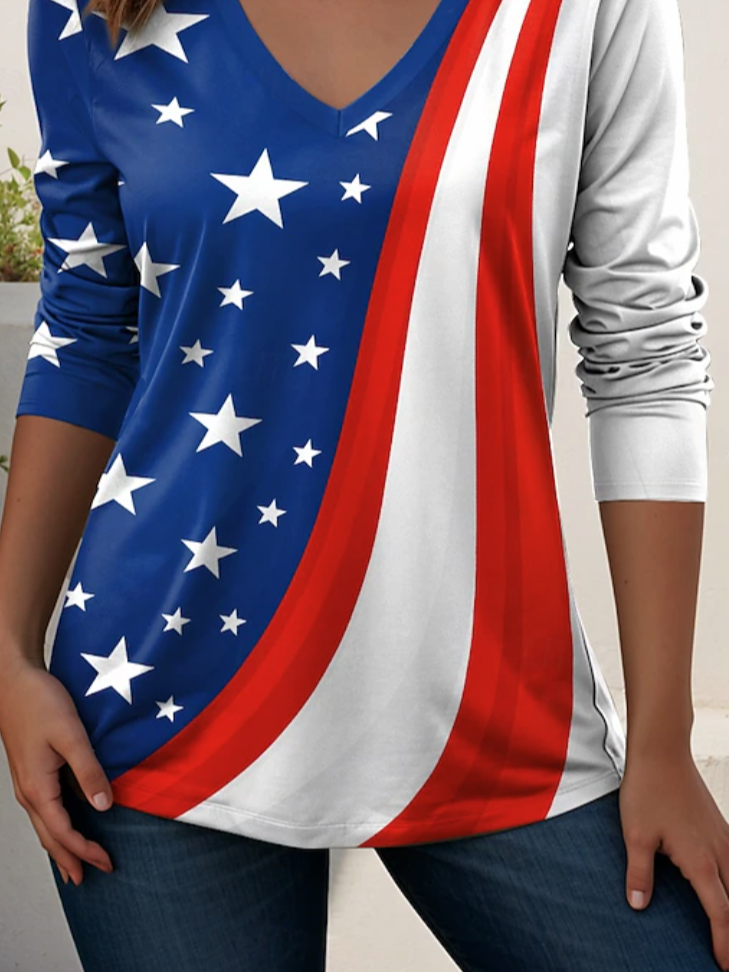 Elegant Independence Day V Neck T-Shirt
