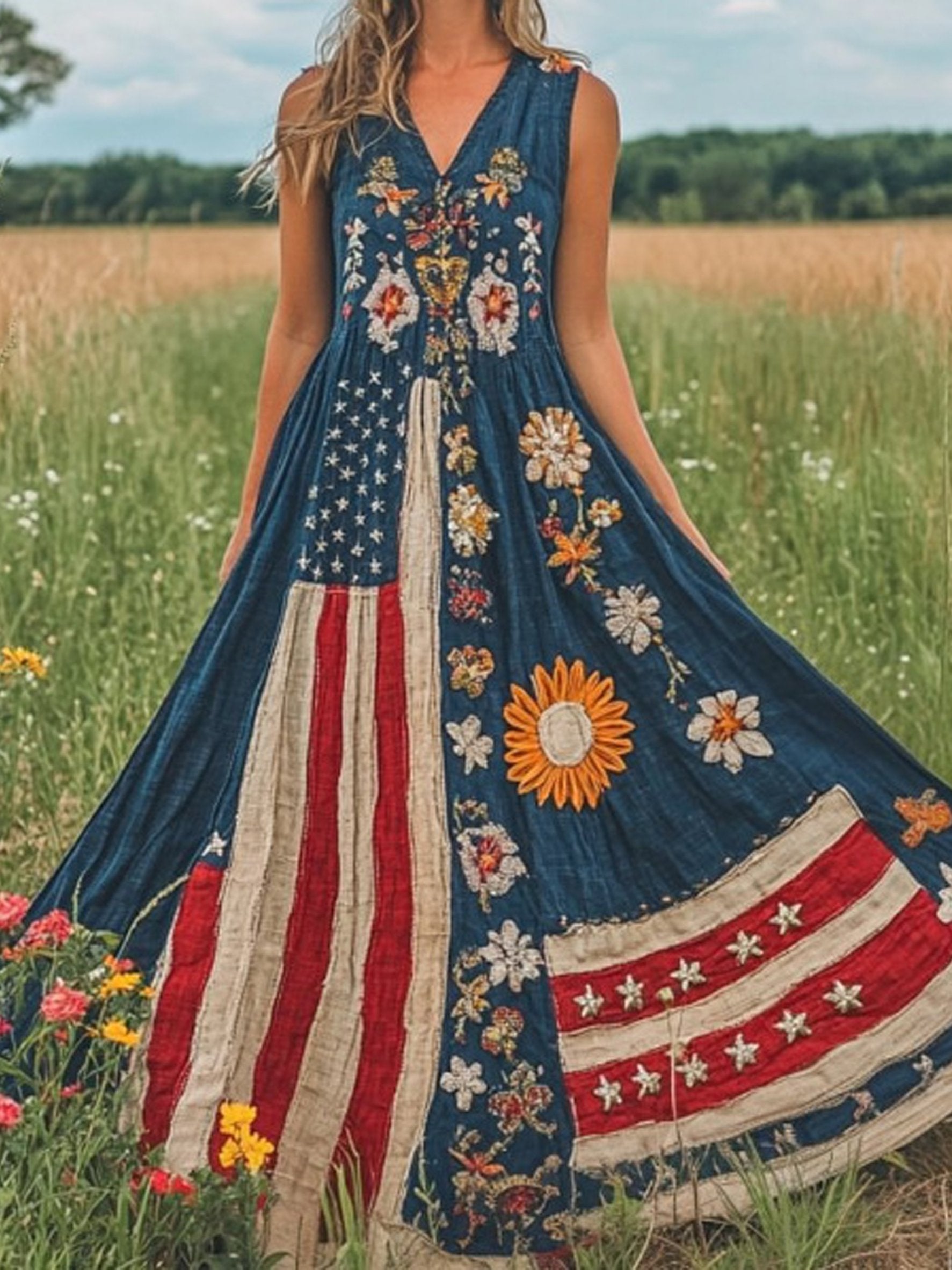 Women Floral Summer Dress America Flag V Neck Sleeveless A-Line Dress