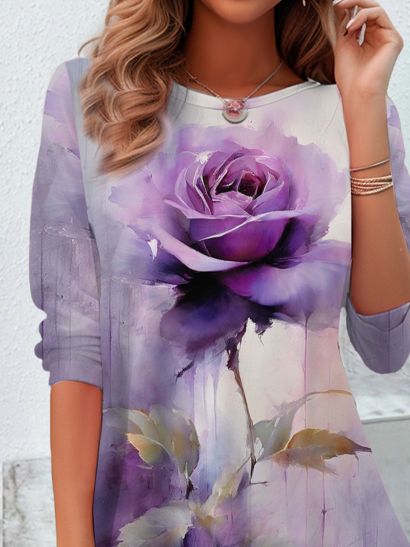 Women's Long Sleeve T-shirt Spring/Fall Purple Abstract Printing Jersey Crew Neck Daily Going Out Casual Top