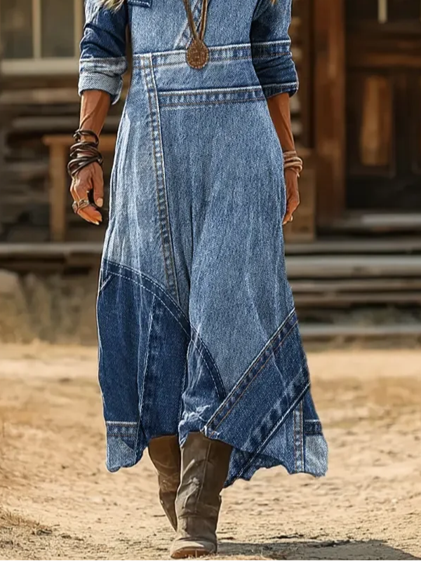Women’s Blue Faux Denim Print V-Neck Long Sleeve Vintage Maxi Dress