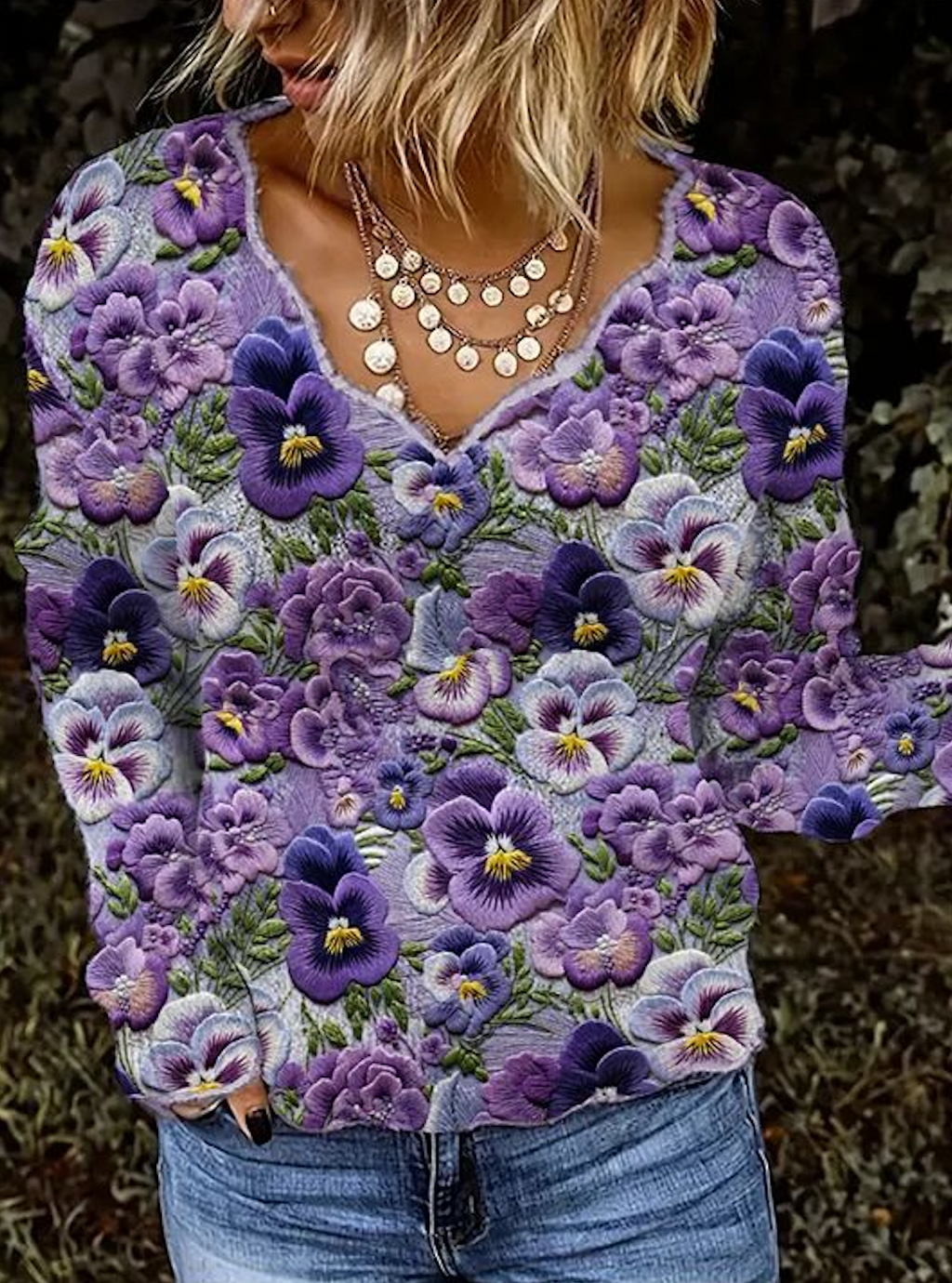 Violet Plant Flower Art V-neck Tops