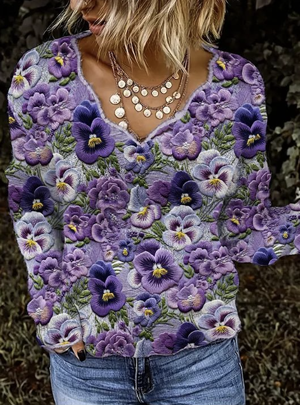 Violet Plant Flower Art V-neck Tops