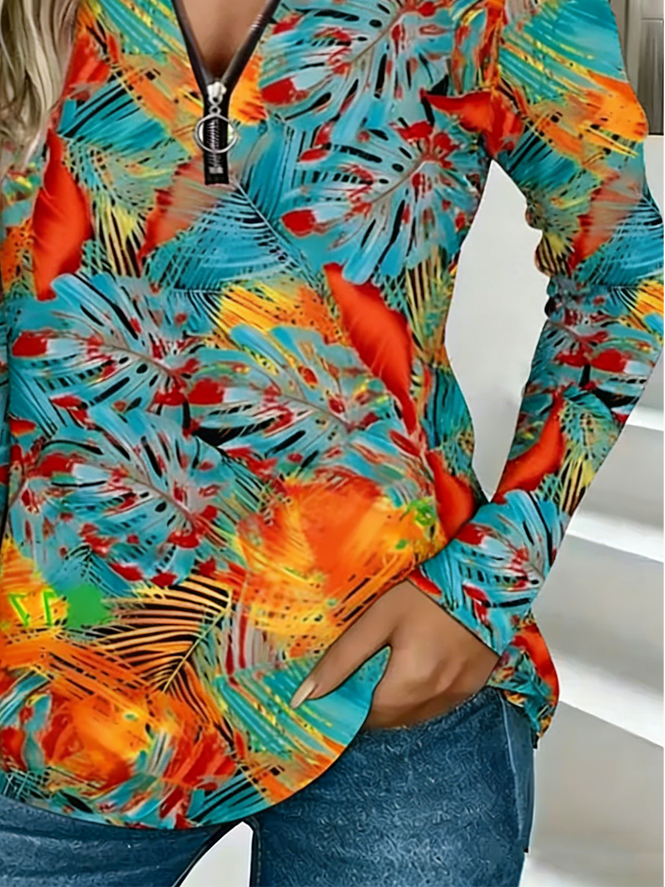 Casual V Neck Cotton-Blend Palm Leaf T-Shirt