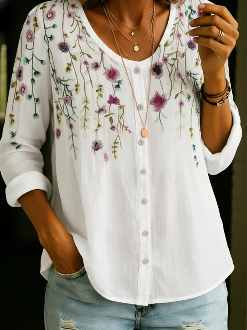 Women’s 3D Floral Print Button-Up Long Sleeve blouse