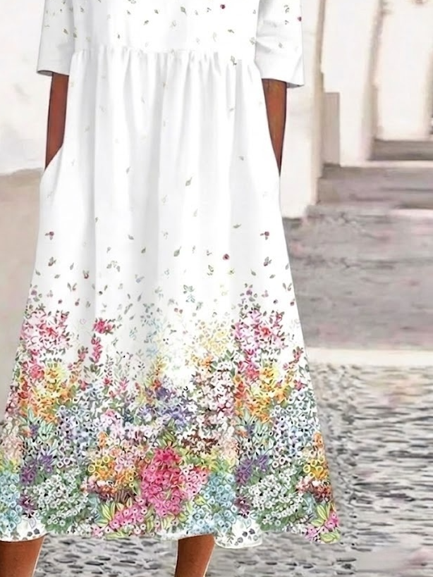 Women's White Floral Print Maxi Dress Short Sleeve Casual Loose Dress with Pockets
