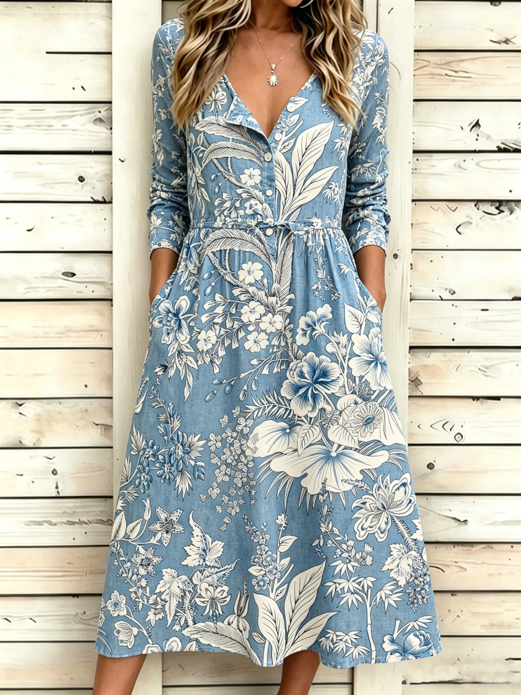 Botanical Print Half Sleeve Round Neck Button A-Line Vintage Casual Dress