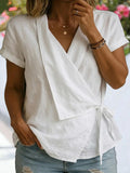 Cotton And Linen Wrap Detail V Neck Short Sleeve Irregularly Shaped Hem Casual Blouse