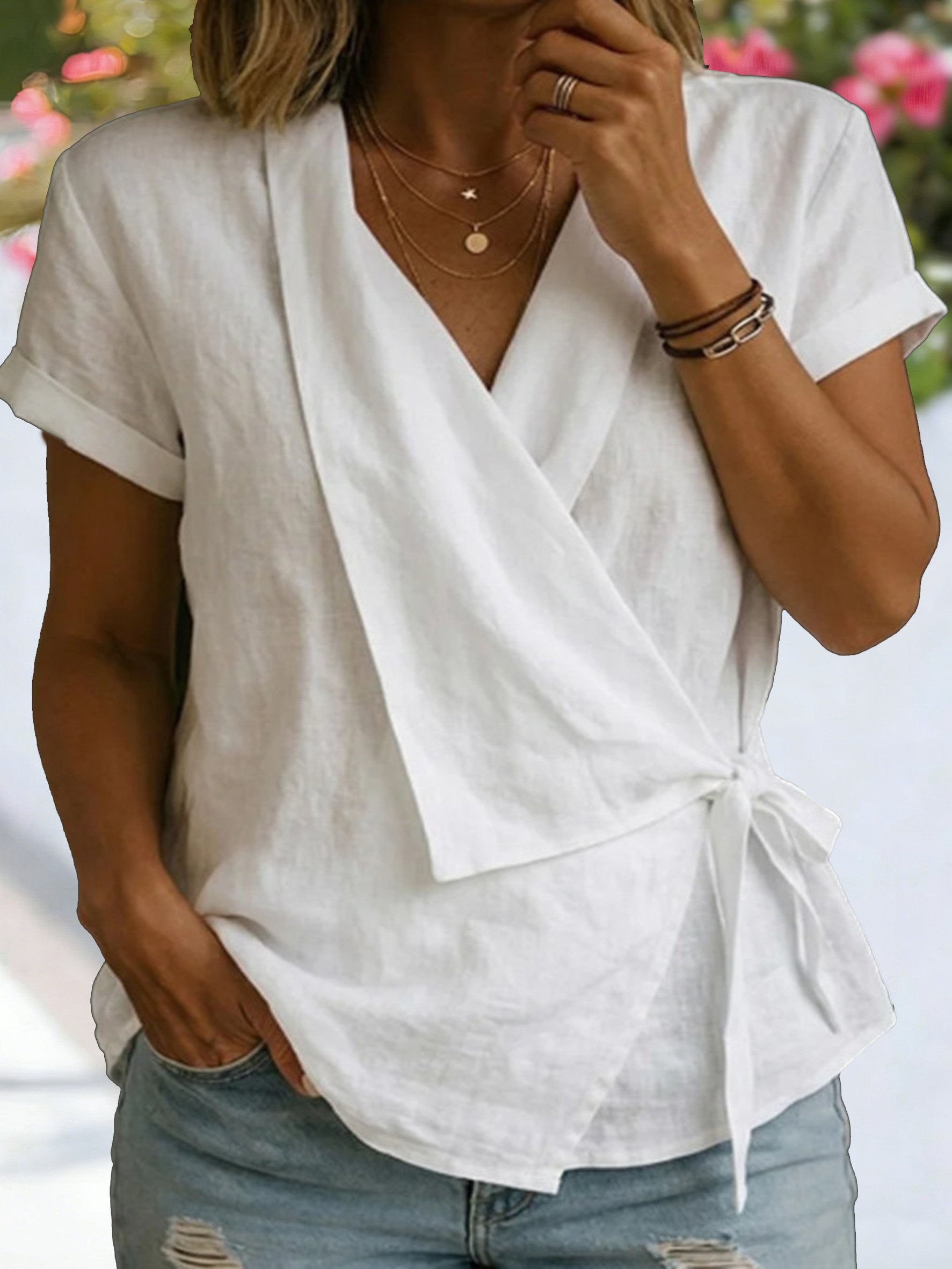 Cotton And Linen Wrap Detail V Neck Short Sleeve Irregularly Shaped Hem Casual Blouse