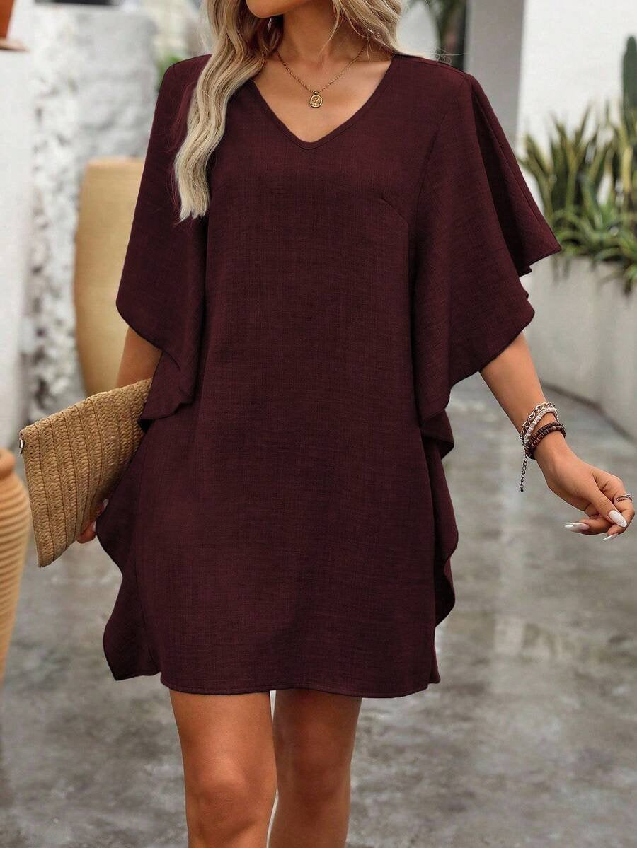 Women's Short Sleeve Summer Khaki Plain Split Joint V Neck Daily Going Out Vintage Mini A-Line Ruffle Skirt Dress