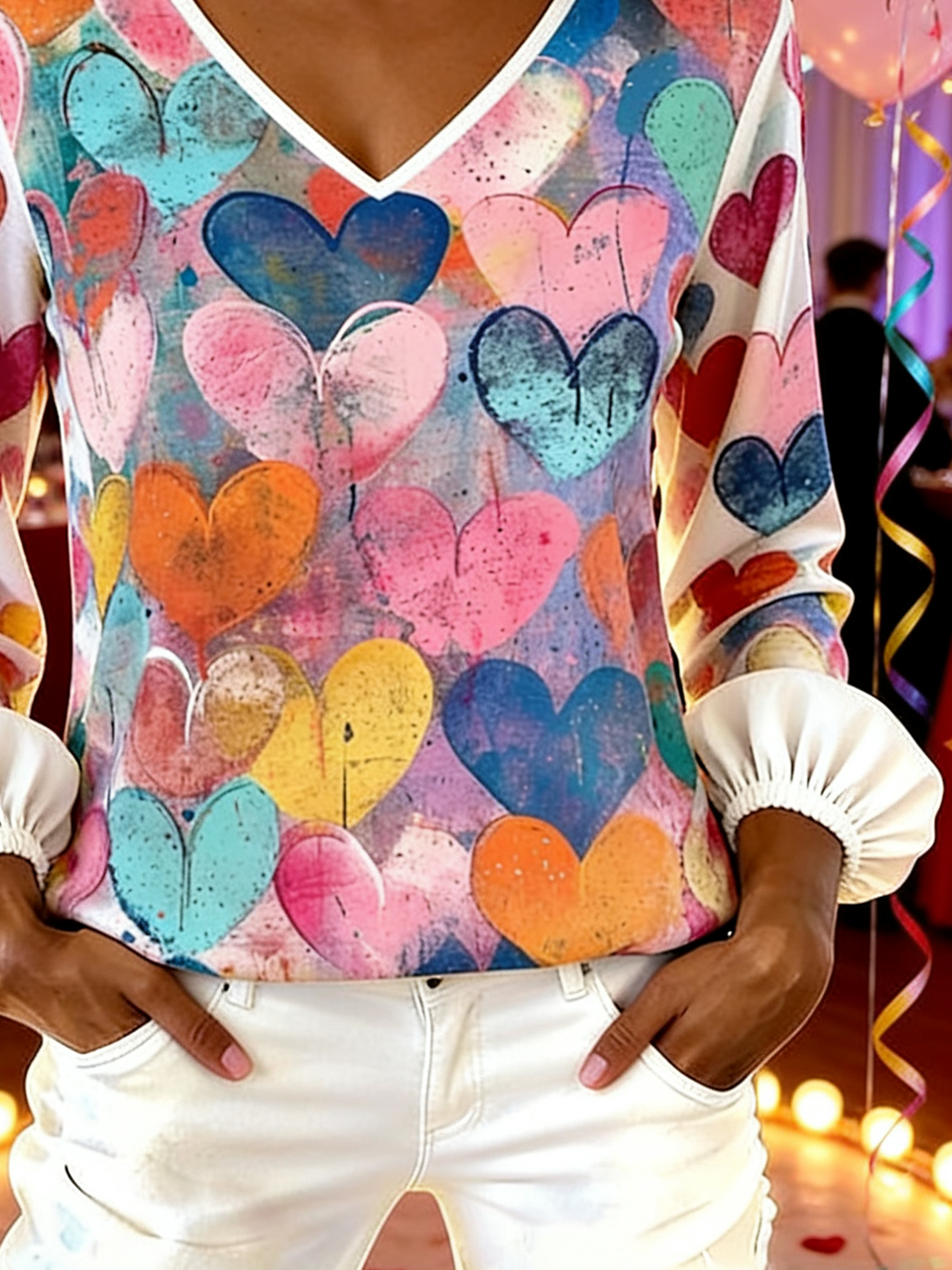 V Neck Heart/Cordate Vintage Loose T-Shirt