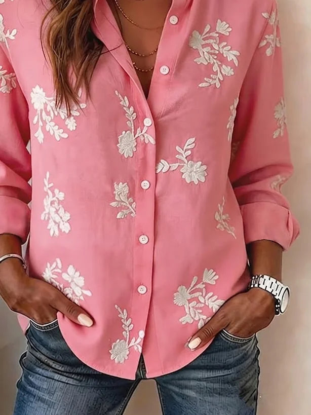 Women's Long Sleeve Shirt Spring/Fall Pink Floral Buckle Shirt Collar Regular Sleeve Daily Going Out Casual Top