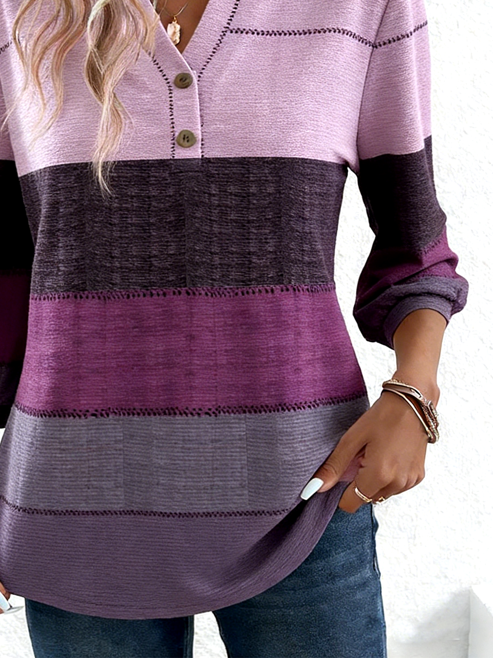 Elegant V Neck Cotton Striped T-Shirt