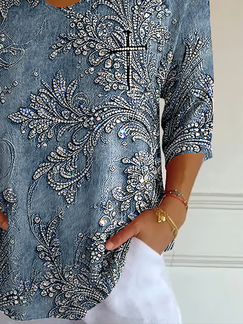 Women's Printed Top with Trimmed V-Neck and 3/4 Sleeves