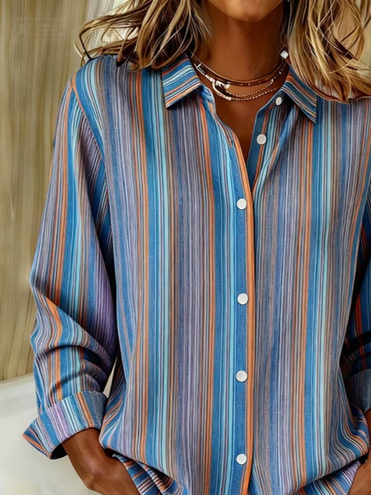 Women's Long Sleeve Shirt Spring/Fall Blue Striped Buckle Shirt Collar Regular Sleeve Daily Going Out Casual Top