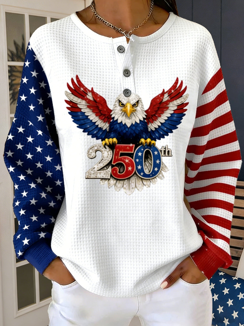 3D Printing Waffle America Flag Round Neck Button Casual Hoodie