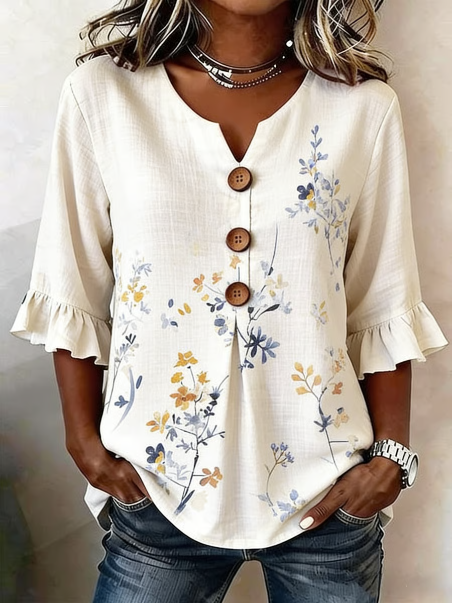 Women's Half Sleeve Blouse Summer Apricot Floral Printing V Neck Daily Going Out Vintage Top