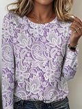 Women's Vintage Lace Floral Pattern Round Neck Long Sleeve T-Shirt Regular Top