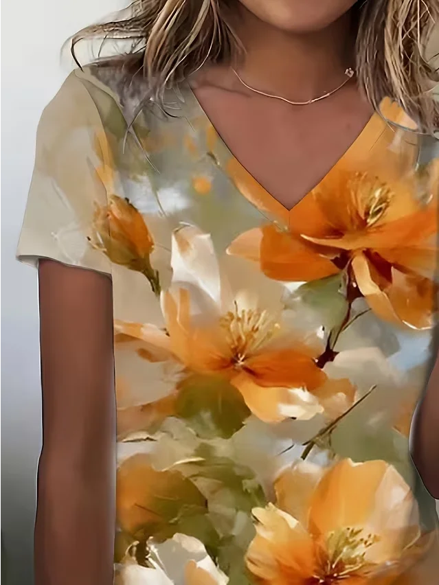 Women's Short Sleeve T-shirt Summer Orange Floral Printing V Neck Holiday Going Out Vintage Top