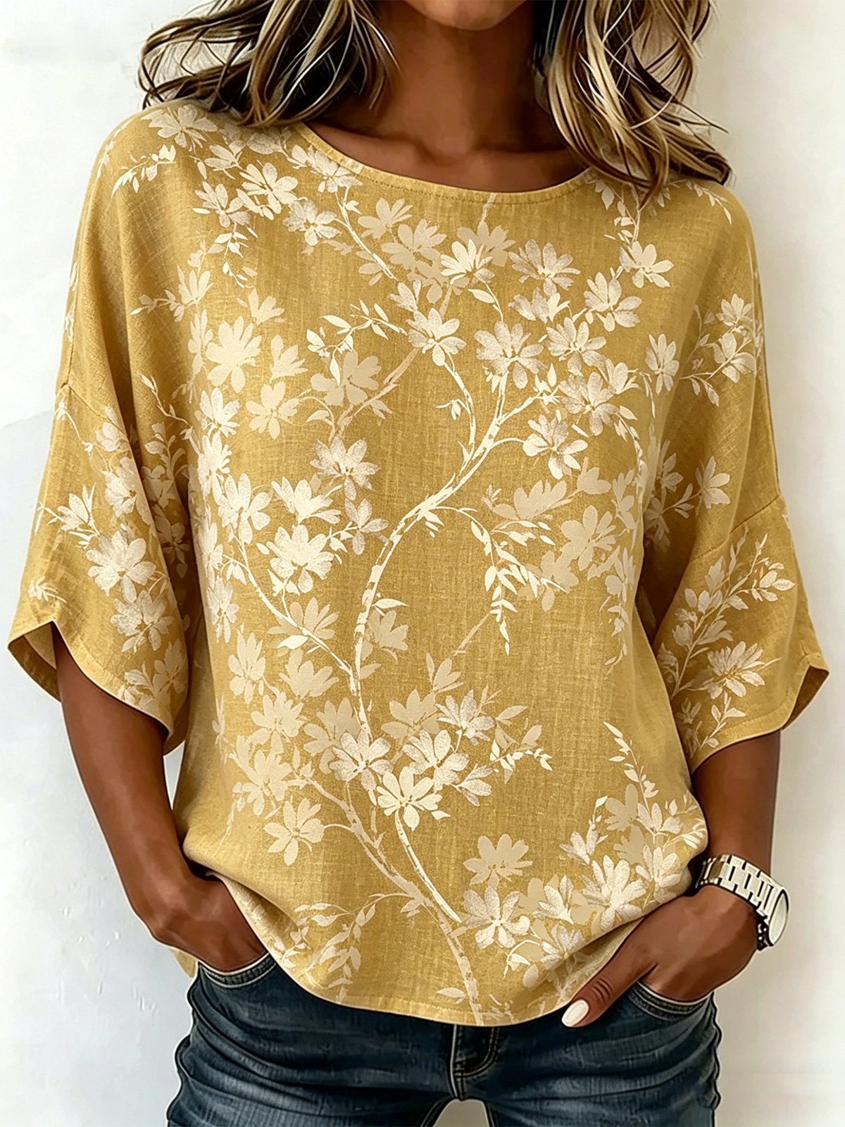 Loose Elegant Leaf Crew Neck Shirt