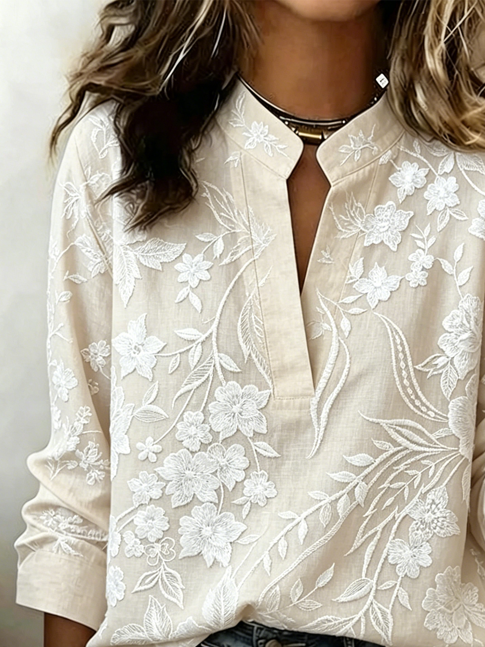 Loose Simple Floral V Neck Blouse