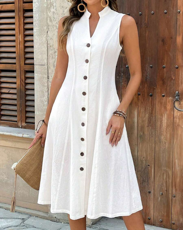 Cotton Polyester V Neck Sleeveless Button Summer Elegant Casual Midi Dress