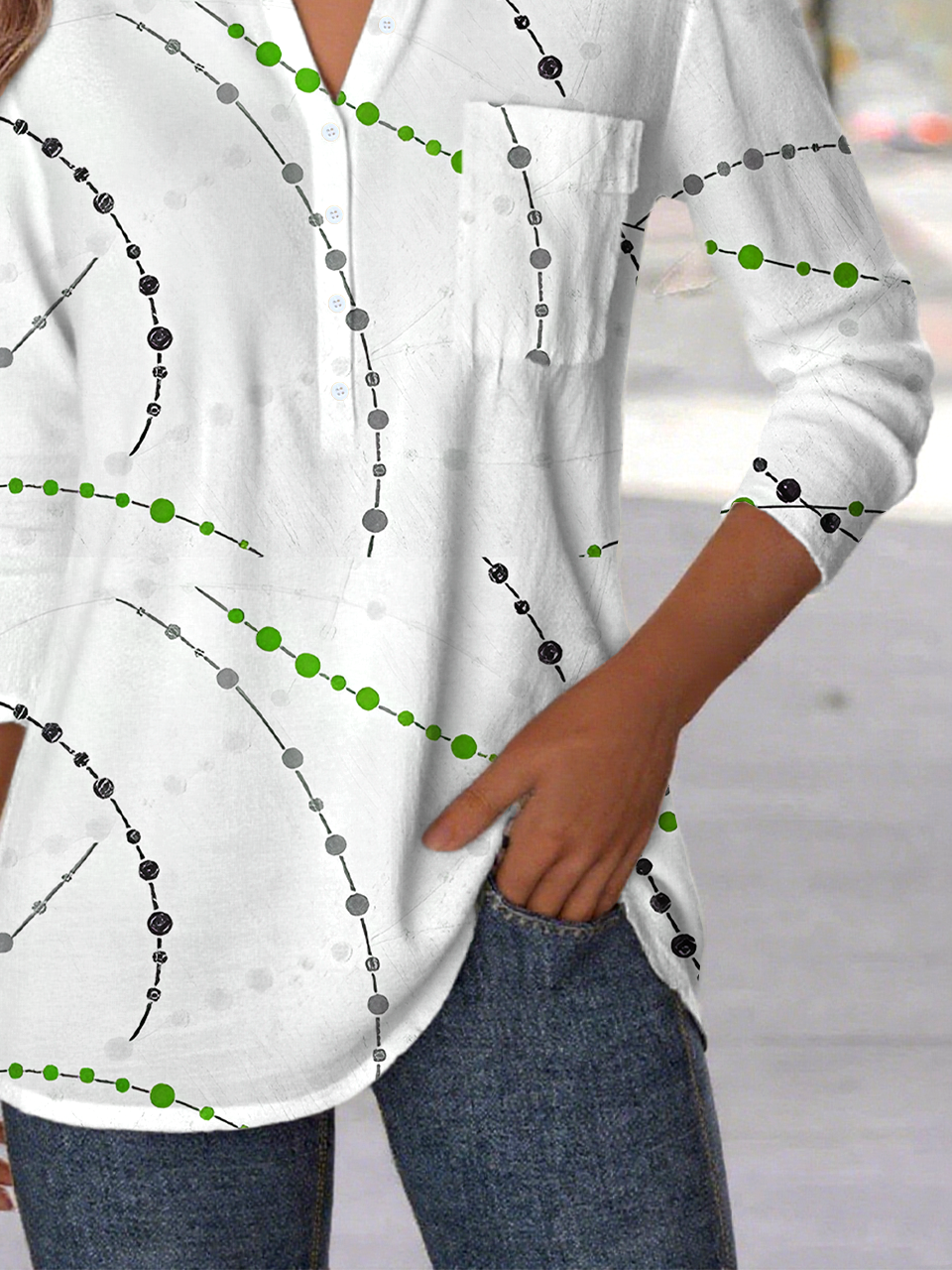 Women's Simple Line Polka Dot Pattern Patch Pocket Long Sleeve Shirt Regular Top