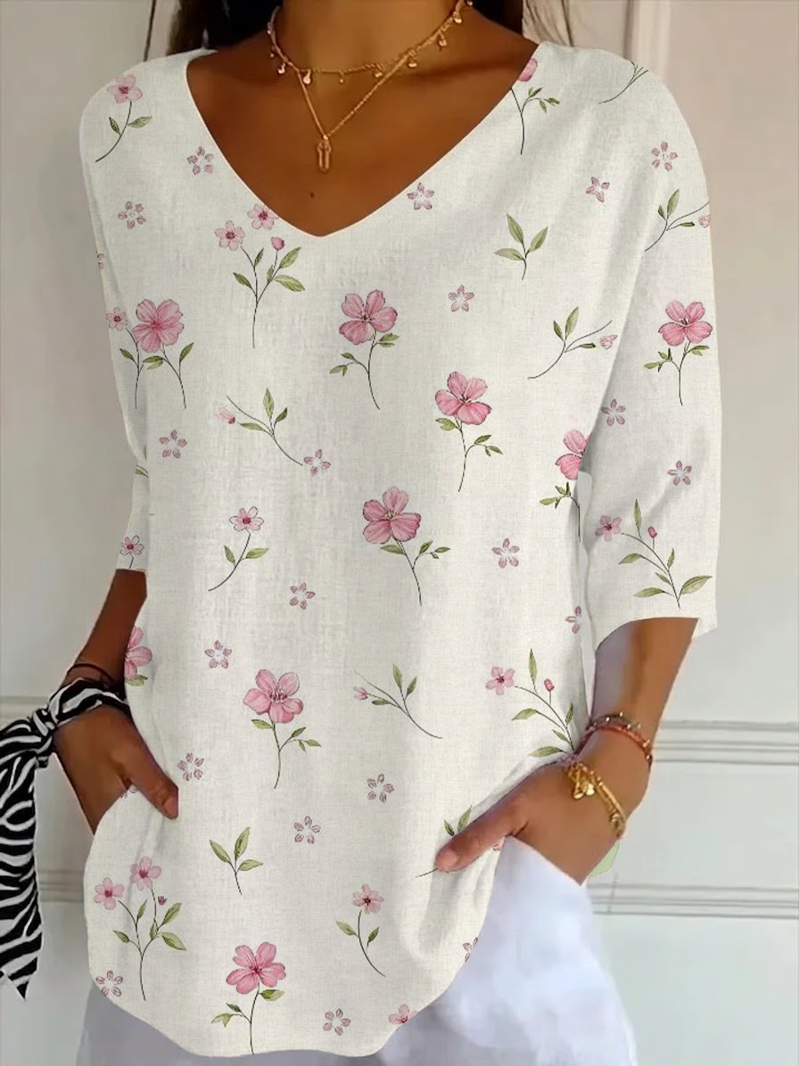 Women's Three Quarter Sleeve T-shirt Spring/Fall Apricot Floral Printing V Neck Daily Going Out Casual Top