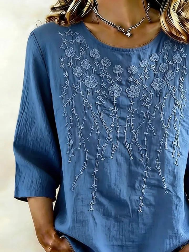Loose Elegant Crew Neck Cotton And Linen Shirt