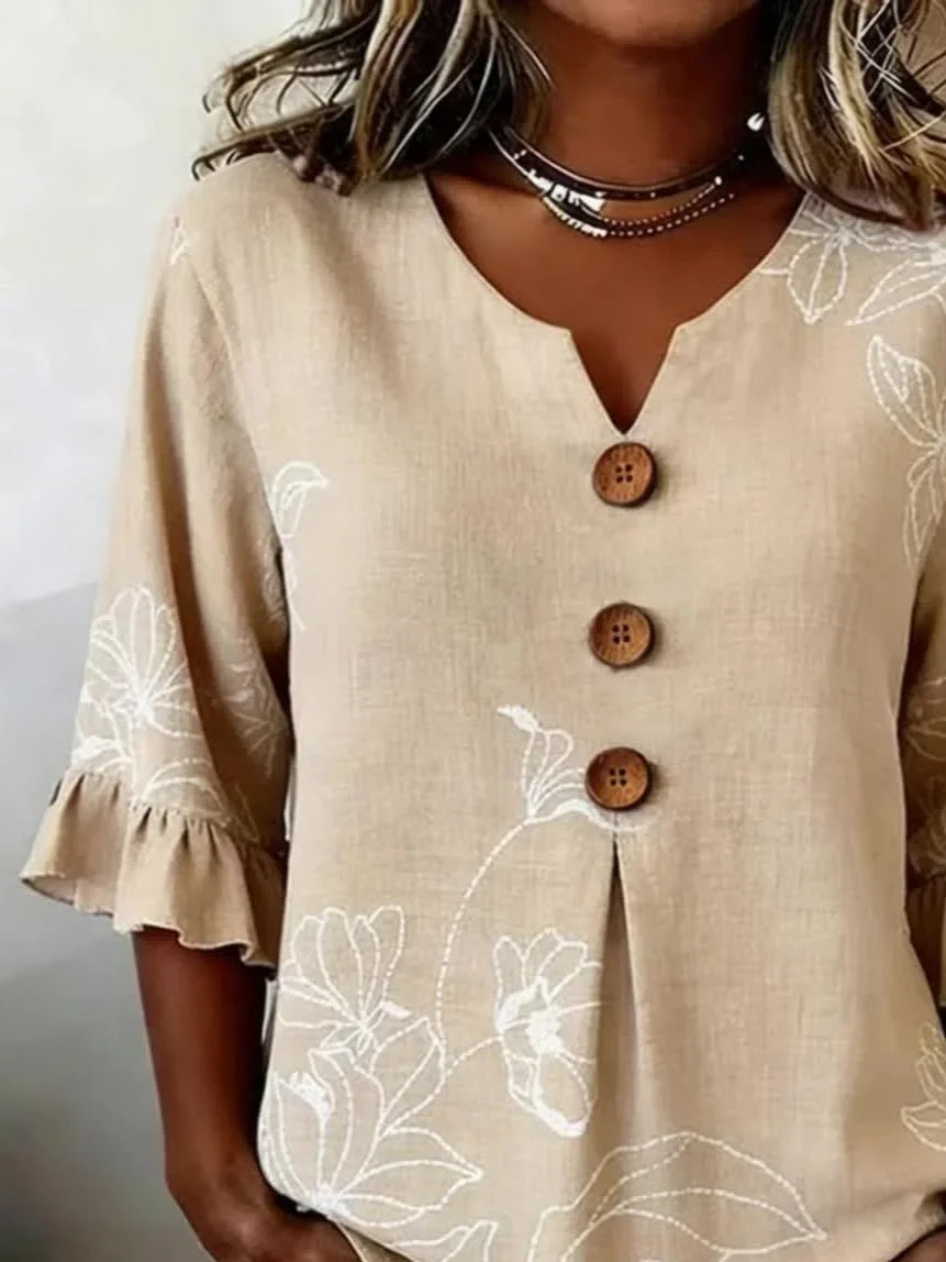 Women's Half Sleeve Blouse Summer Khaki Floral Printing V Neck Daily Going Out Vintage Top