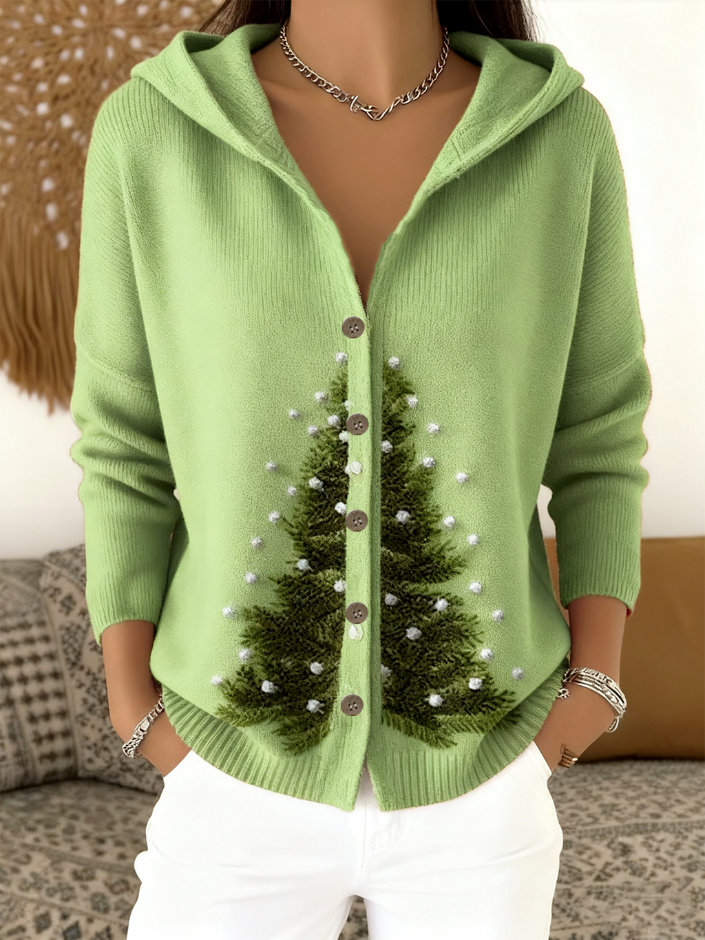 Simple Hoodie Wool/Knitting Christmas Tree Cardigan