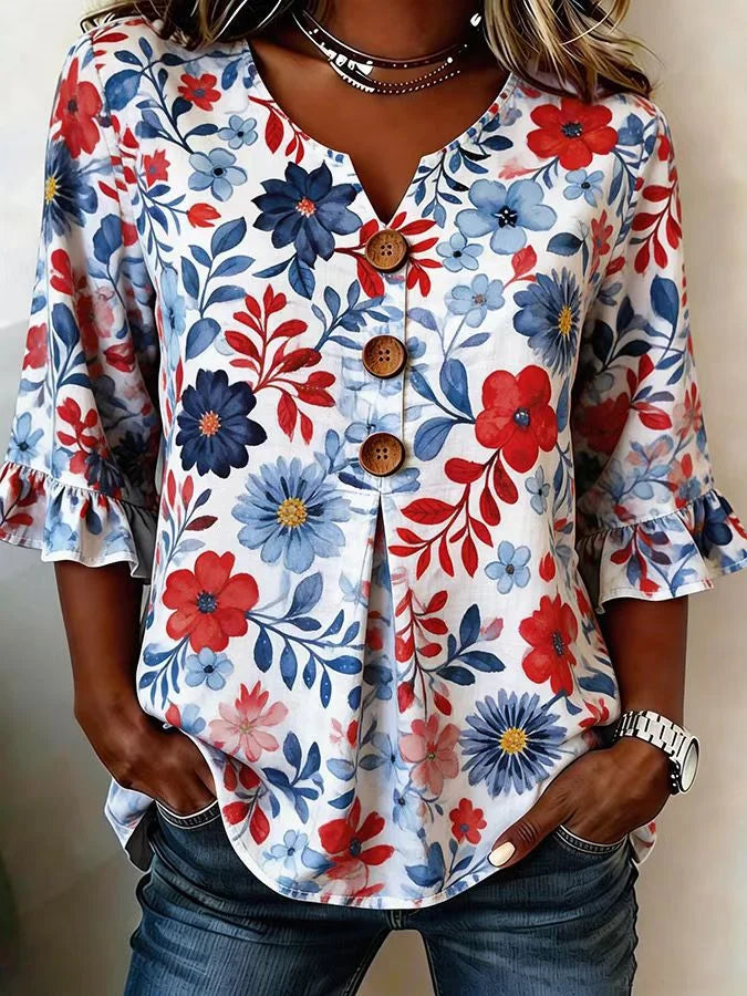 Polyester Cotton Floral V Neck Button Short Ruffle Sleeve Casual Top