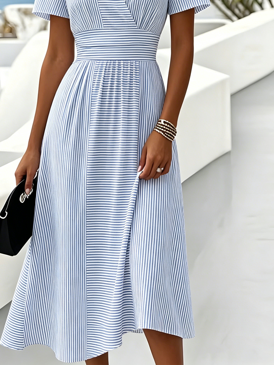 Casual Blue White Stripe V Neck Midi Dress Short Sleeve Waistband Flowy Summer Dress
