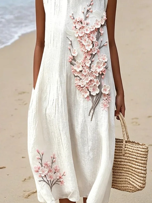 Classy Cherry Blossom Flowy Linen Tank Dress