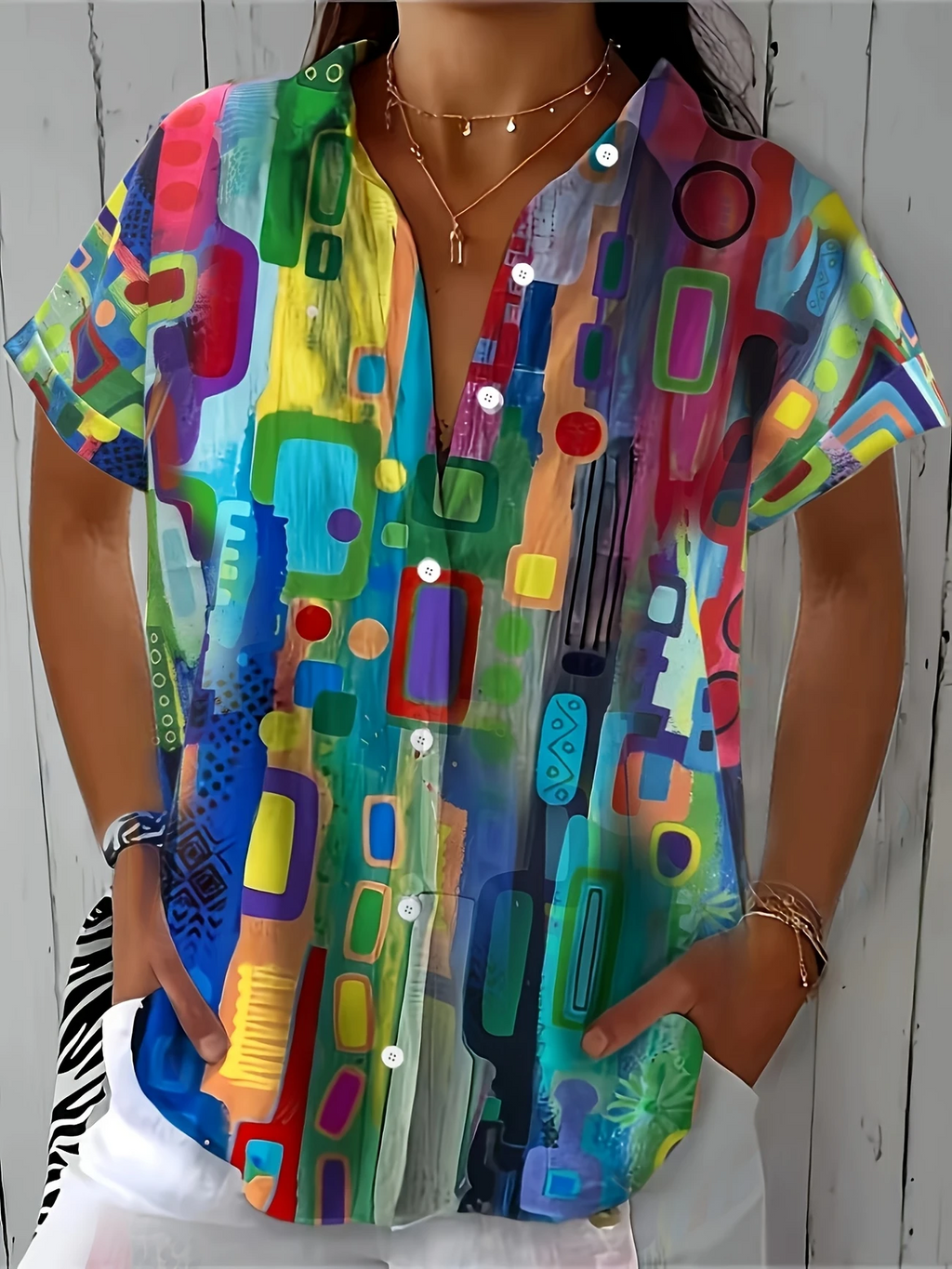 Women's Short Sleeve Shirt Summer As Picture Abstract Printing Shirt Collar Daily Going Out Casual Top