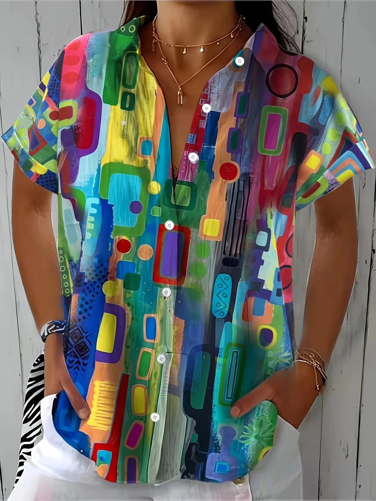 Women's Short Sleeve Shirt Summer As Picture Abstract Printing Shirt Collar Daily Going Out Casual Top