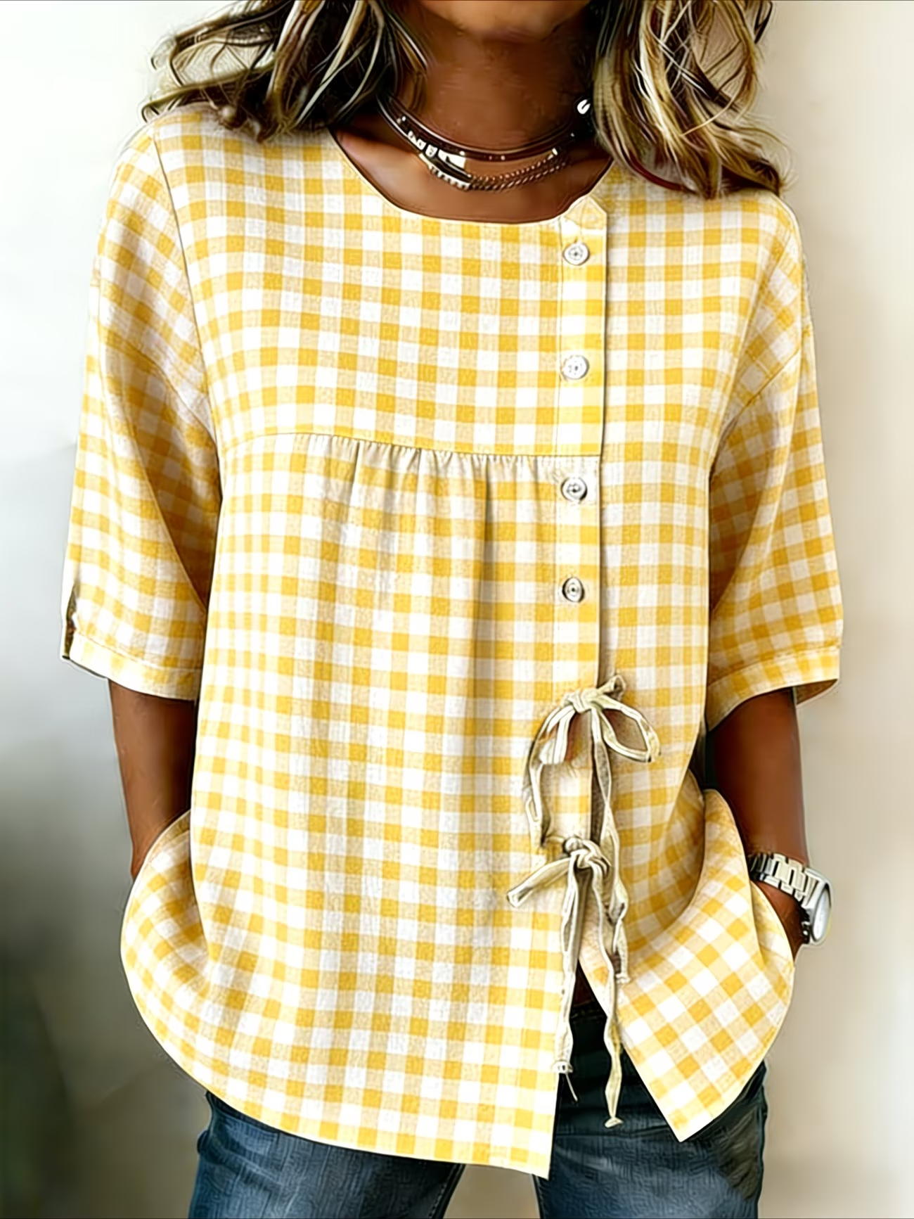 Women's Half Sleeve Shirt Summer Yellow Plaid Crew Neck Daily Going Out Vintage Top