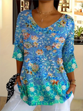 Women's Three Quarter Sleeve T-shirt Spring/Fall Blue Floral Printing V Neck Daily Going Out Casual Top
