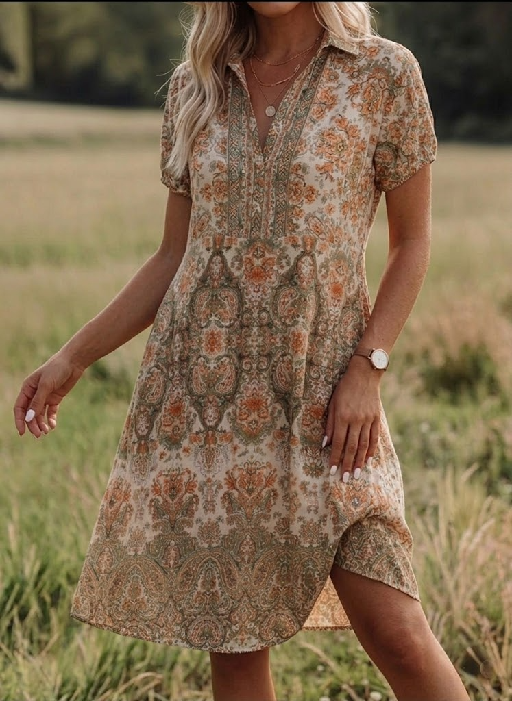 Boho Paisley V-Neck Vacation Midi Dress