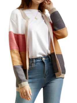 Jacquard Wrap Casual Striped H-Line Long Sleeve Cardigan