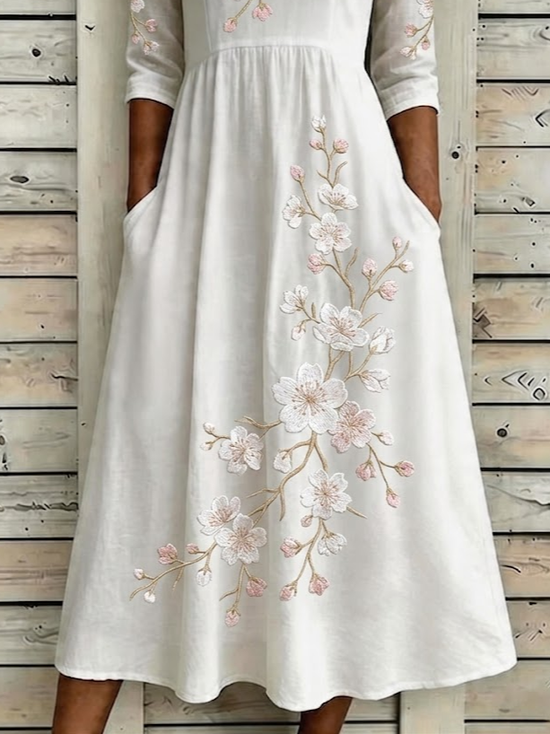 Women's Half Sleeve Summer White Floral Printing Crew Neck Daily Going Out Casual Maxi H-Line Dress