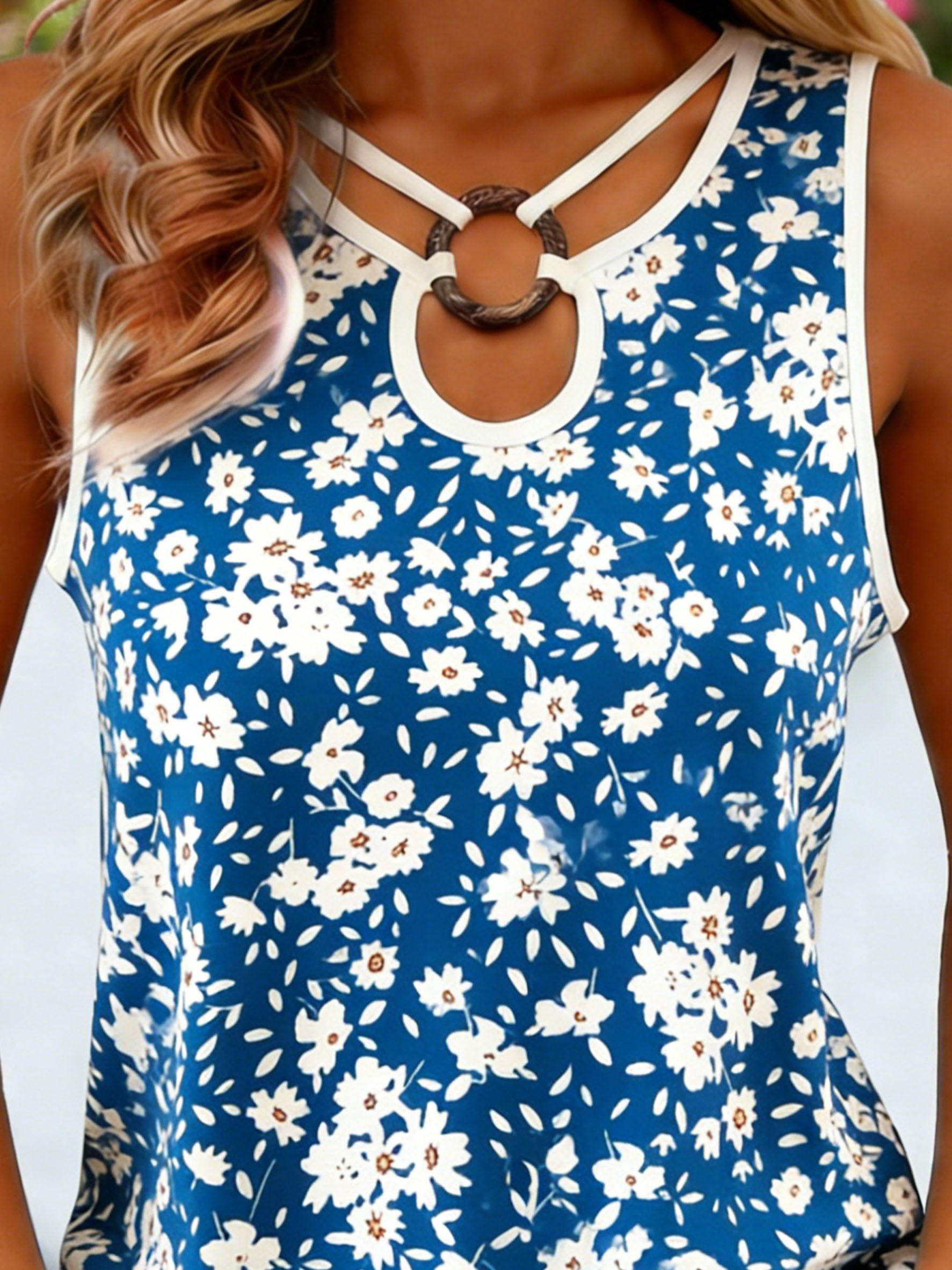 Cotton Small Daisy Elegant Circular Ring Design Casual Tank Top