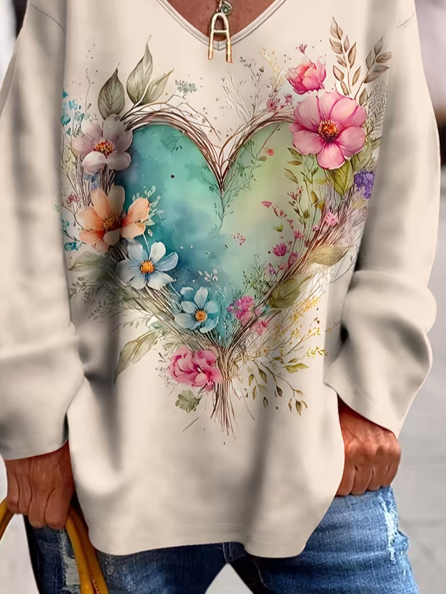 Women's Long Sleeve T-shirt Spring/Fall Apricot Floral Printing V Neck Daily Going Out Casual Top
