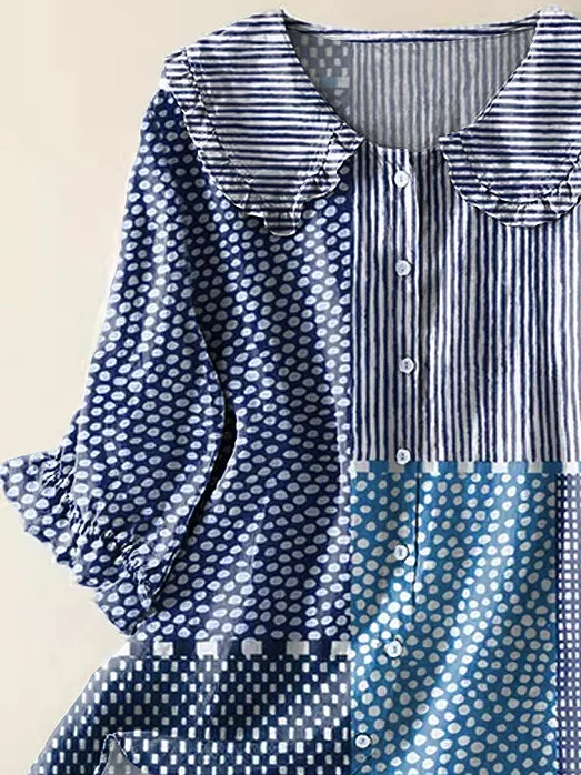 Women's Polka Dot Stripe Stitching Print Casual Peter Pan Collar Shirt