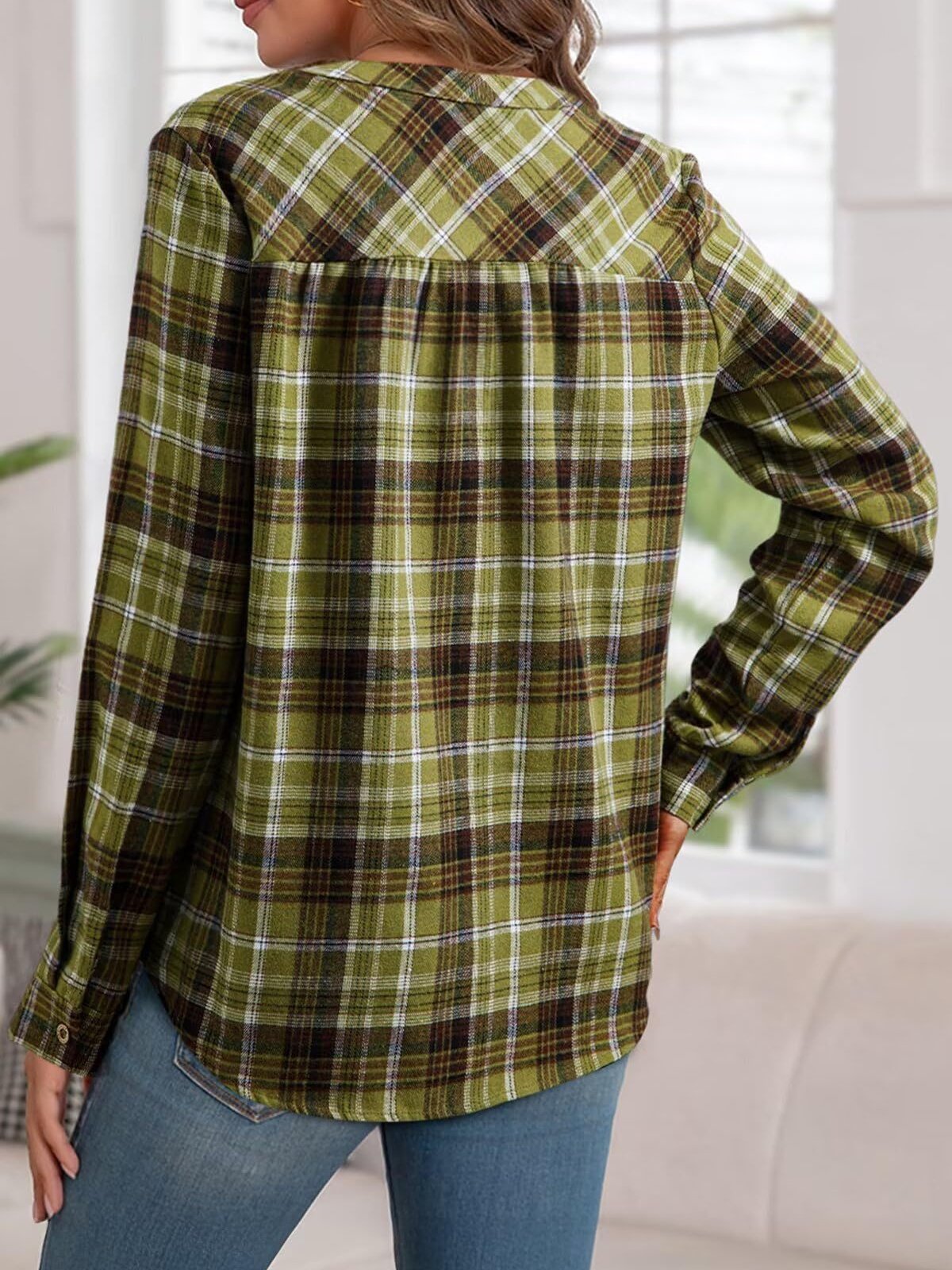 Women's Long Sleeve Shirt Spring/Fall Blue Plaid Split Joint V Neck Daily Going Out Casual Top